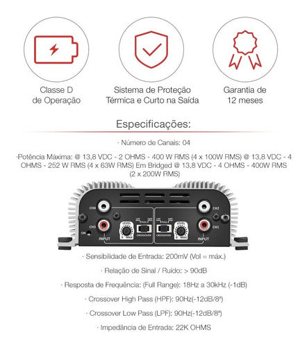 Módulo Taramps Ts400 Digital 400w Rms 4 Canais 2 Ohms